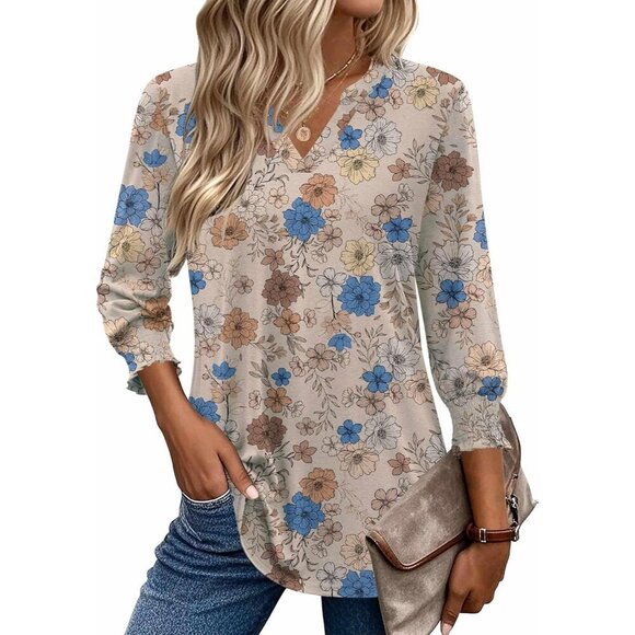 Women’s Floral V Neck Blouse 3/4 Sleeve Ruffle Cuffs Casual Top Small - Picture 3 of 7